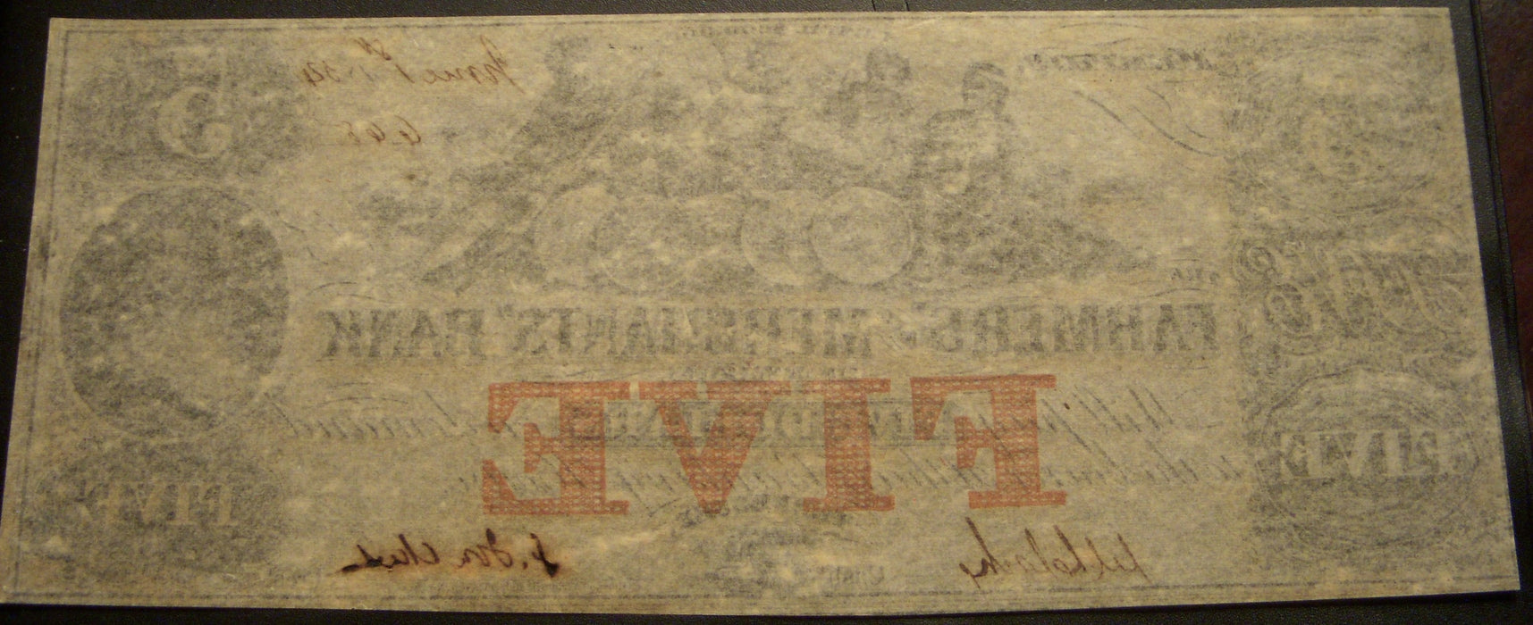 1854 $5 Famers Merchants Bank, TN Obsolete Note