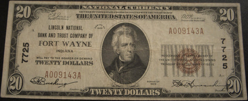 1929 $20 National Bank Note - Fort Wayne, IN Bank# 7725