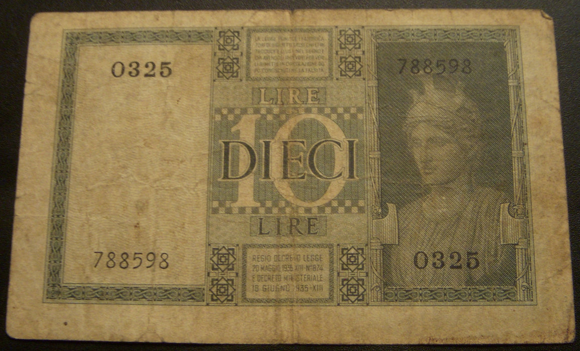 1938 10 Lire Note - Italy