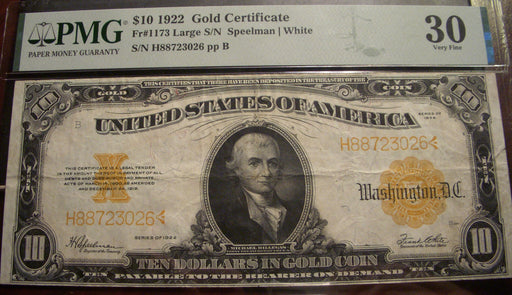 1922 $10 Gold Certificate - FR# 1173 PMG VF30