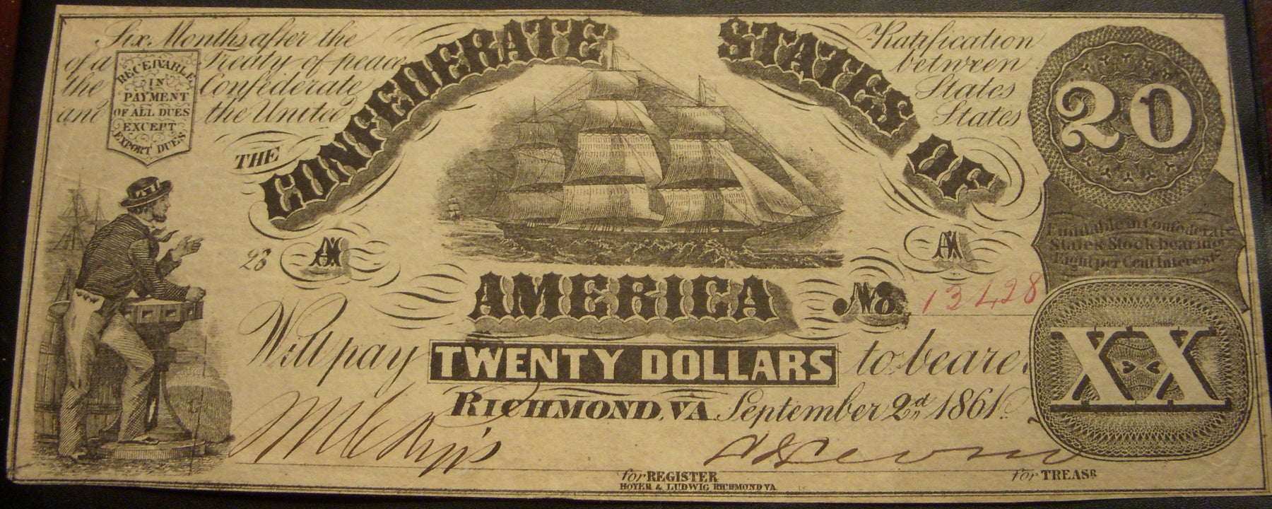 1861 $20 Confederate States of America - T26