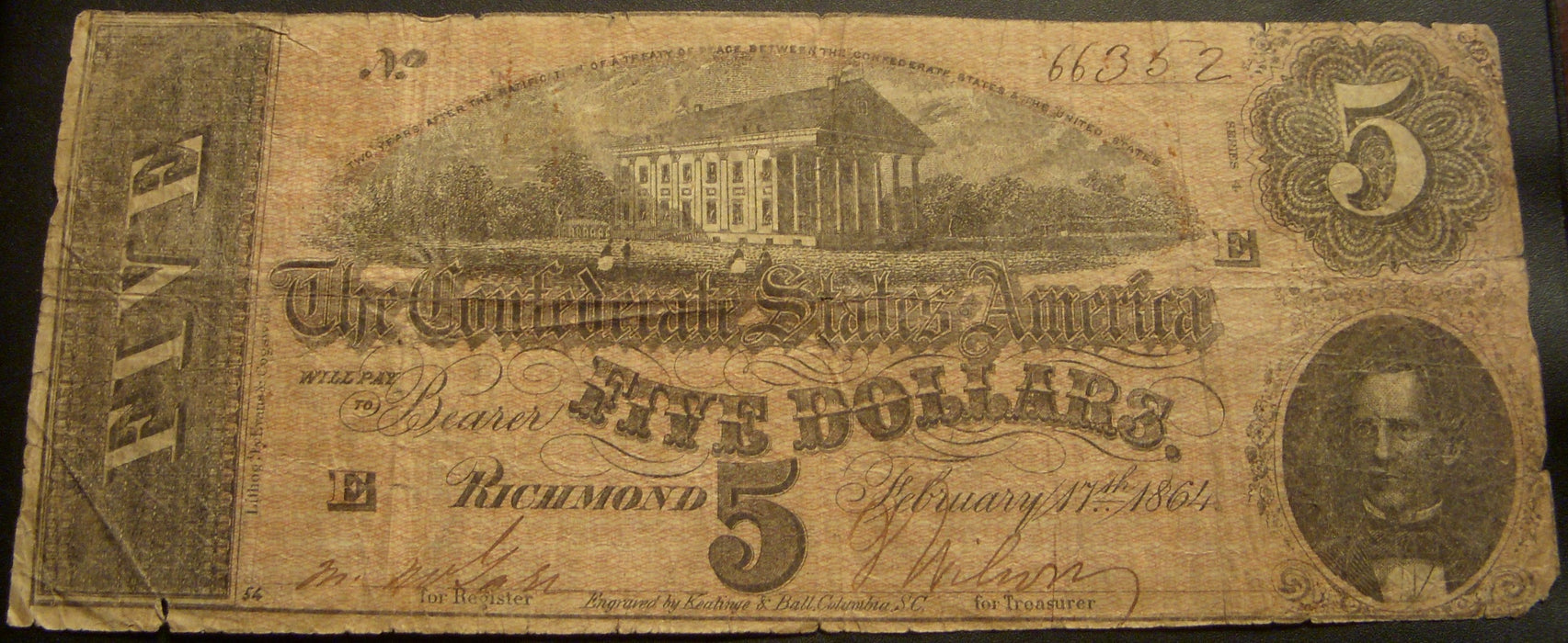 1864 $5 Confederate States of America - T69