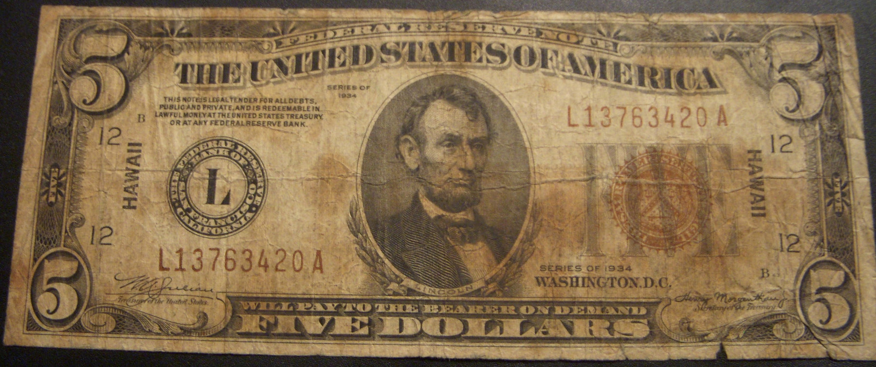 1934 Hawaii $5 Federal Reserve Note - FR# 2301