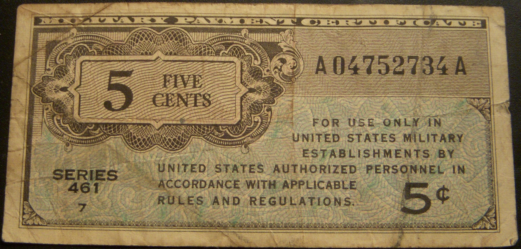 Series 461 - 5 Cents Military Payment Certificate