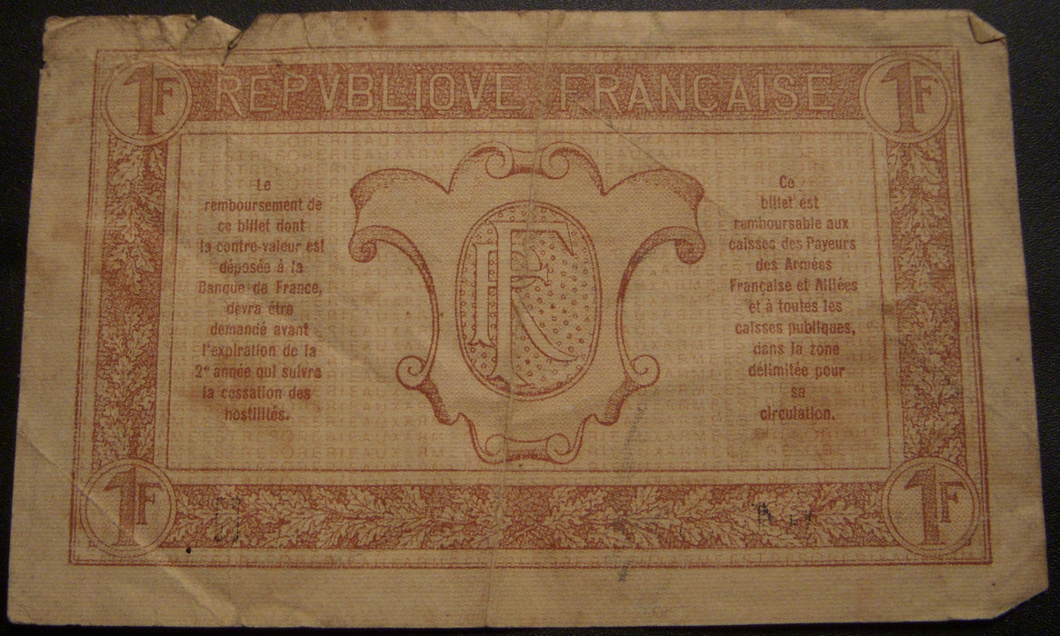 1917 1 Franc Note - France WWI Military Payment