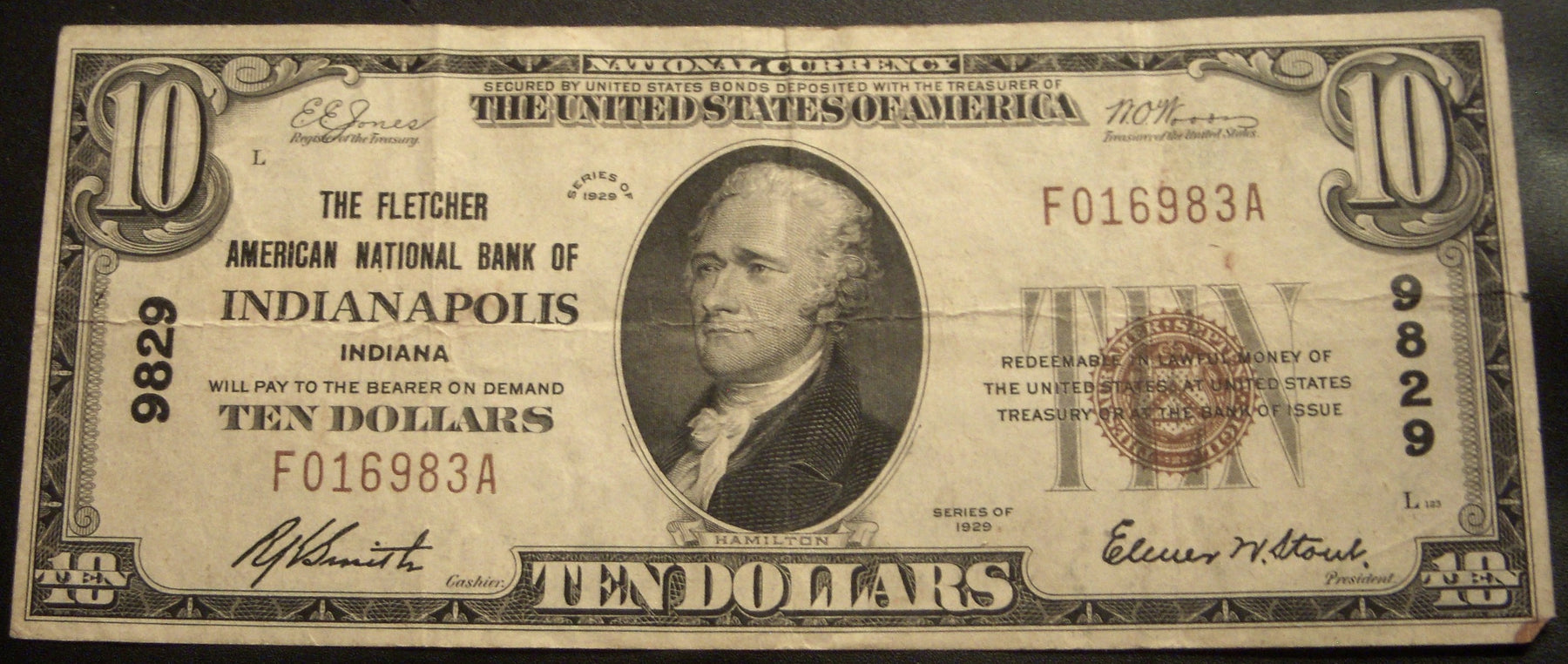 1929 $10 National Bank Note - Indianapolis, IN Bank# 9829