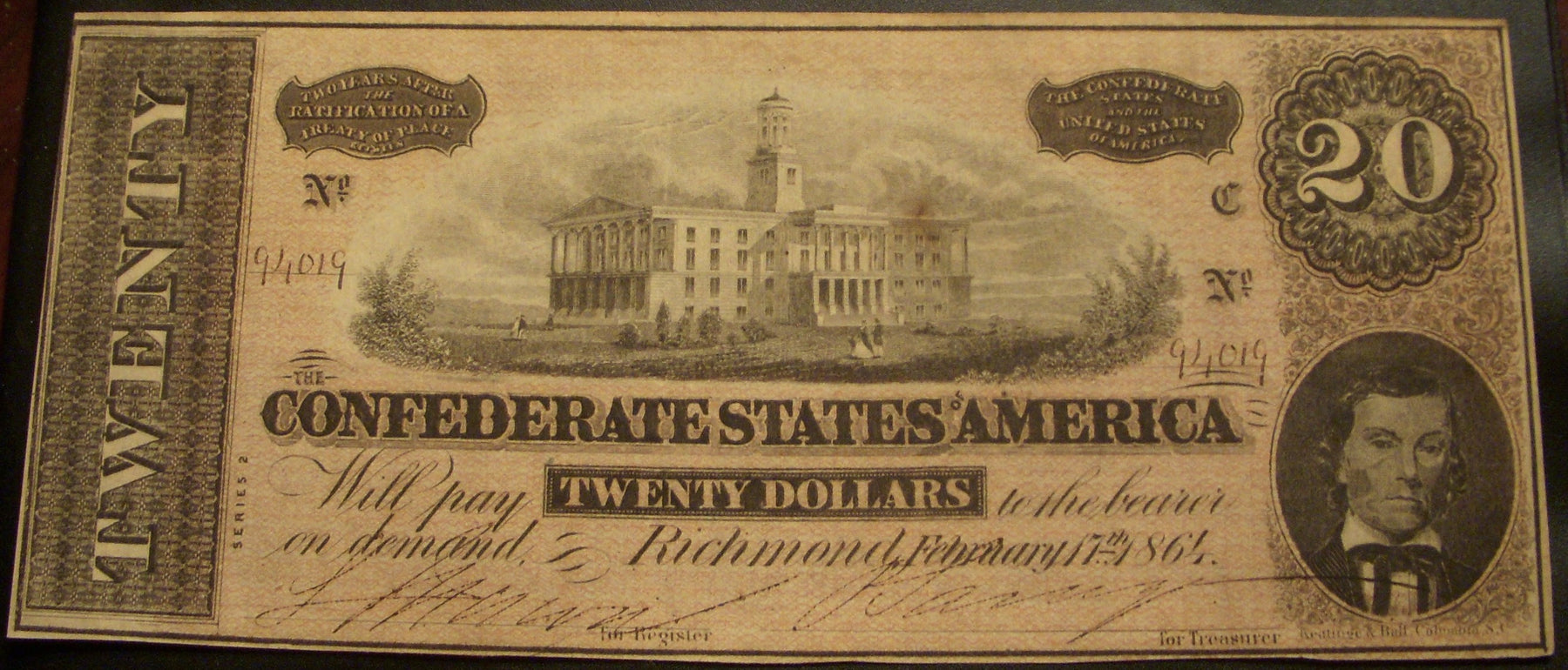 1864 $20 Confederate State of America Note - T-67