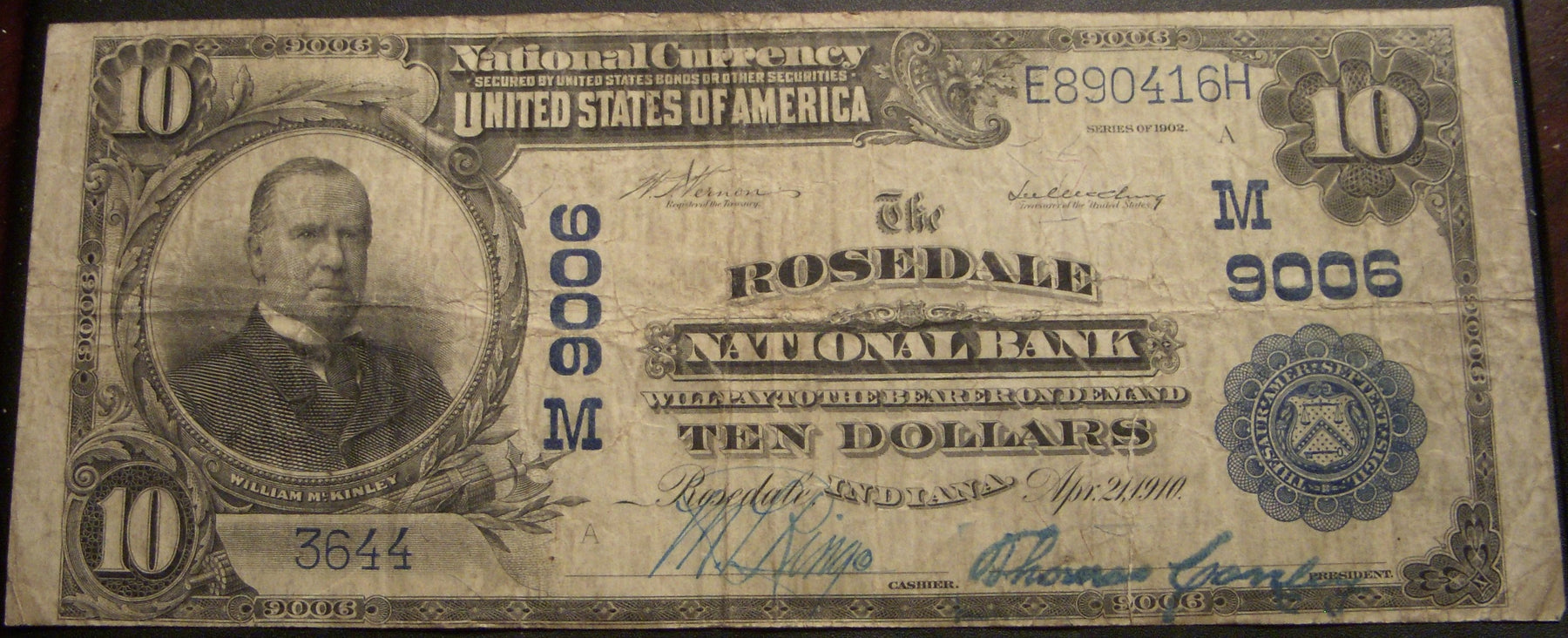 1902 PB $10 National Currency - Rosedale, IN Bank# 9006