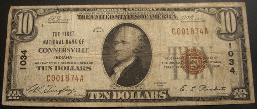 1929 $10 National Currency Note - Connersville, IN Bank# 1034