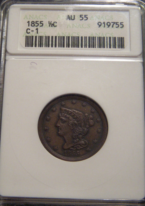 1855 Half Cent - ANACS AU55 C-1