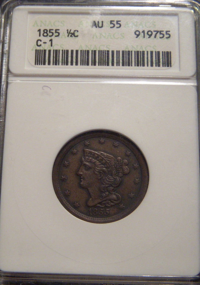 1855 Half Cent - ANACS AU55 C-1