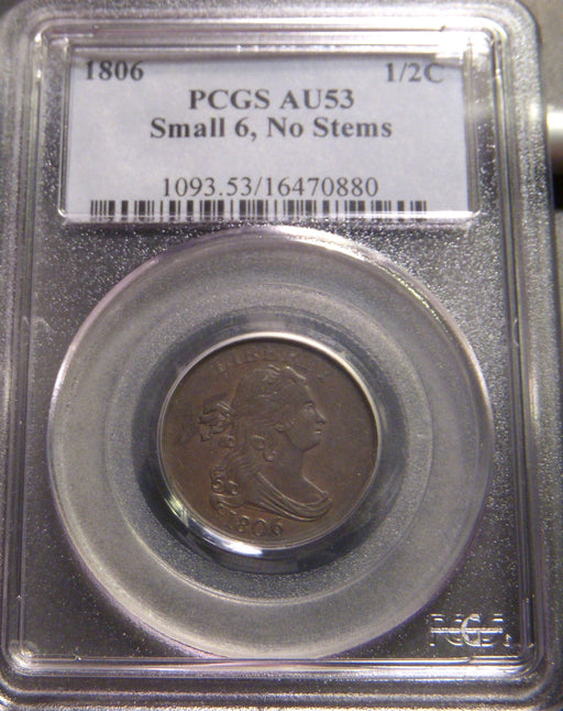 1806 Half Cent - PCGS Small 6. No Stems AU53