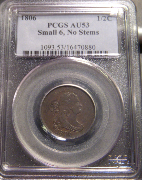 1806 Half Cent - PCGS Small 6. No Stems AU53