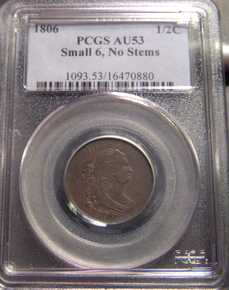 1806 Half Cent - PCGS Small 6. No Stems AU53