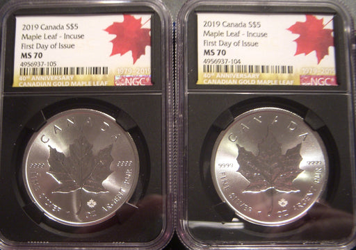 2019 $5 Canadian 1 oz Silver Maple Leaf Incused - NGC MS 70 FDOI