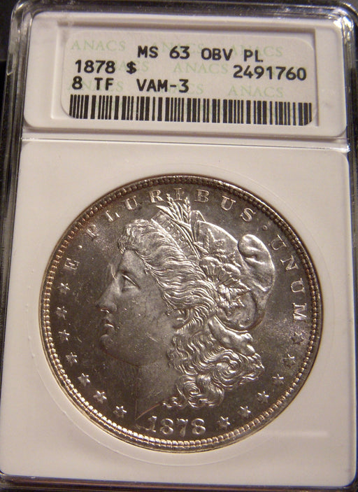 1878 Morgan Dollar - 8TF ANACS MS 63 Vam-3