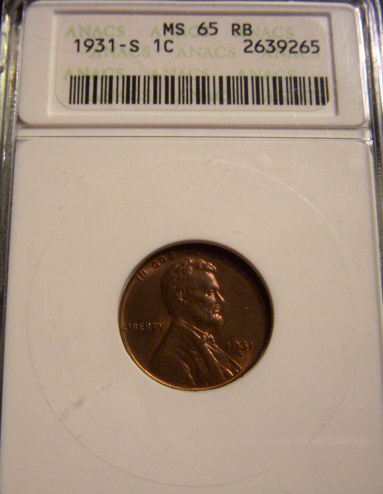 1931-S Lincoln Cent - ANACS MS 65 RB