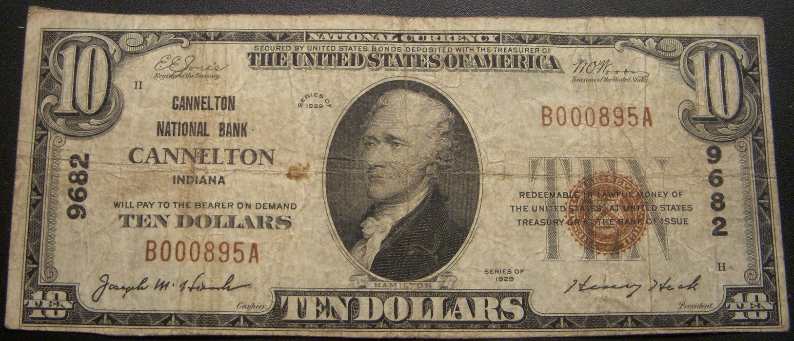 1929 $10 National Bank Note - Cannelton, IN Bank# 9682