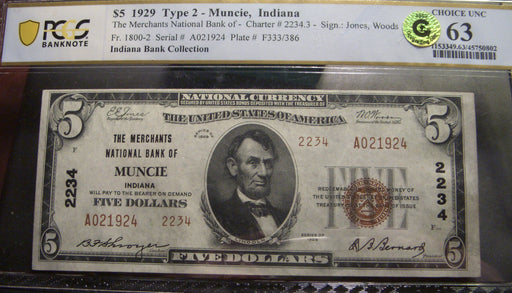 1929 $5 National Bank Note - Muncie, IN Bank# 2234 PCGS CU63 T2