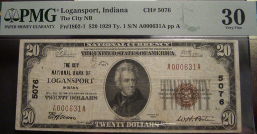 1929 $20 National Bank Note - Logansport, IN Bank# 5076 PMG VF30