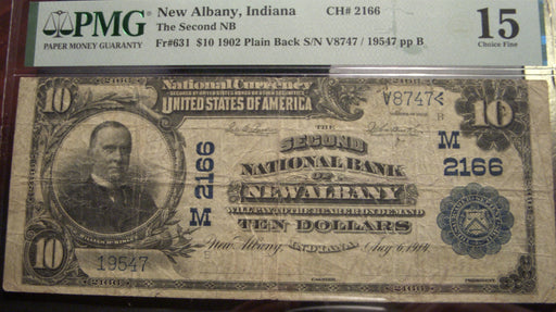 1902PB $10 National Bank Note - New Albany, IN Bank# 2166 PMG F15