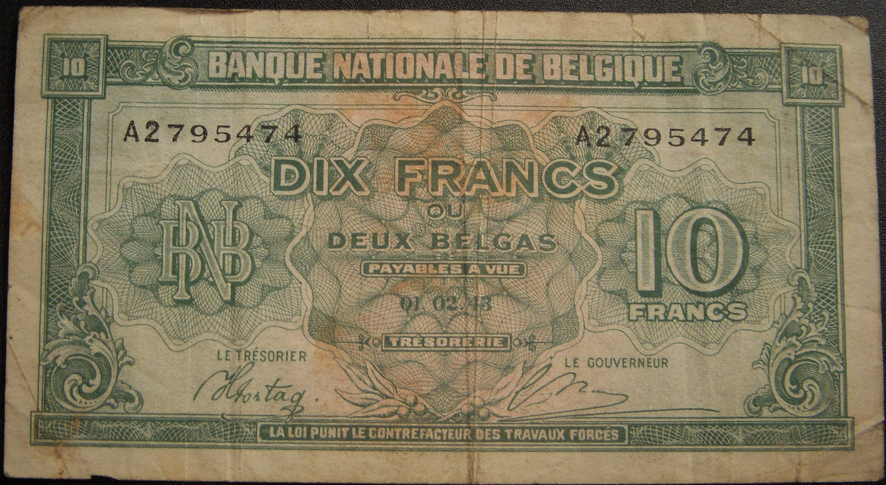 1943 10 Francs Note - Belgium