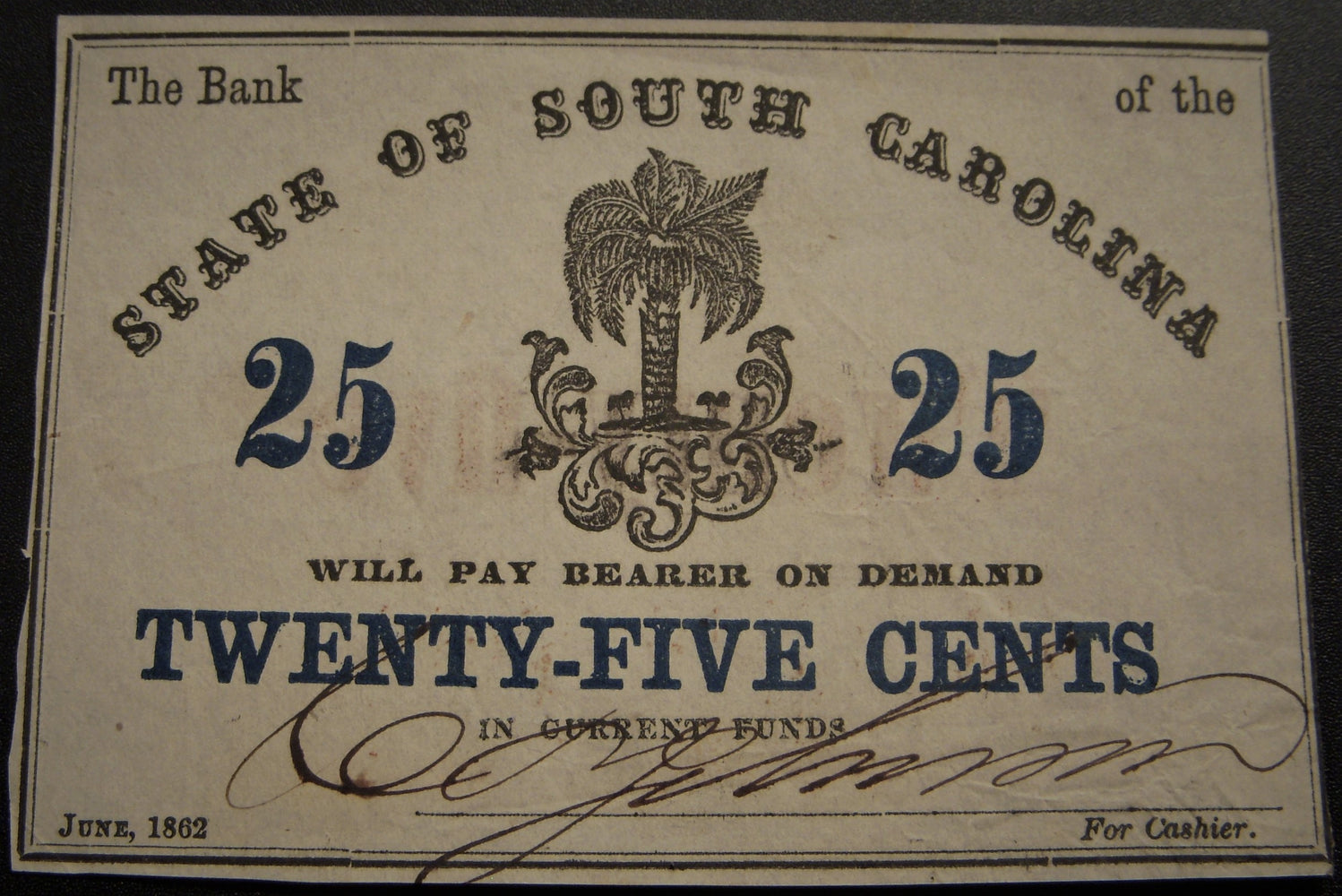 1862 25 Cents State of South Carolina Note