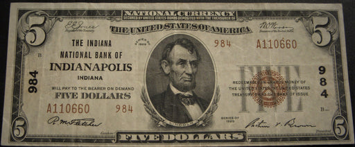 1929 $5 National Bank Note - Indianapolis IN Bank# 984 Type2